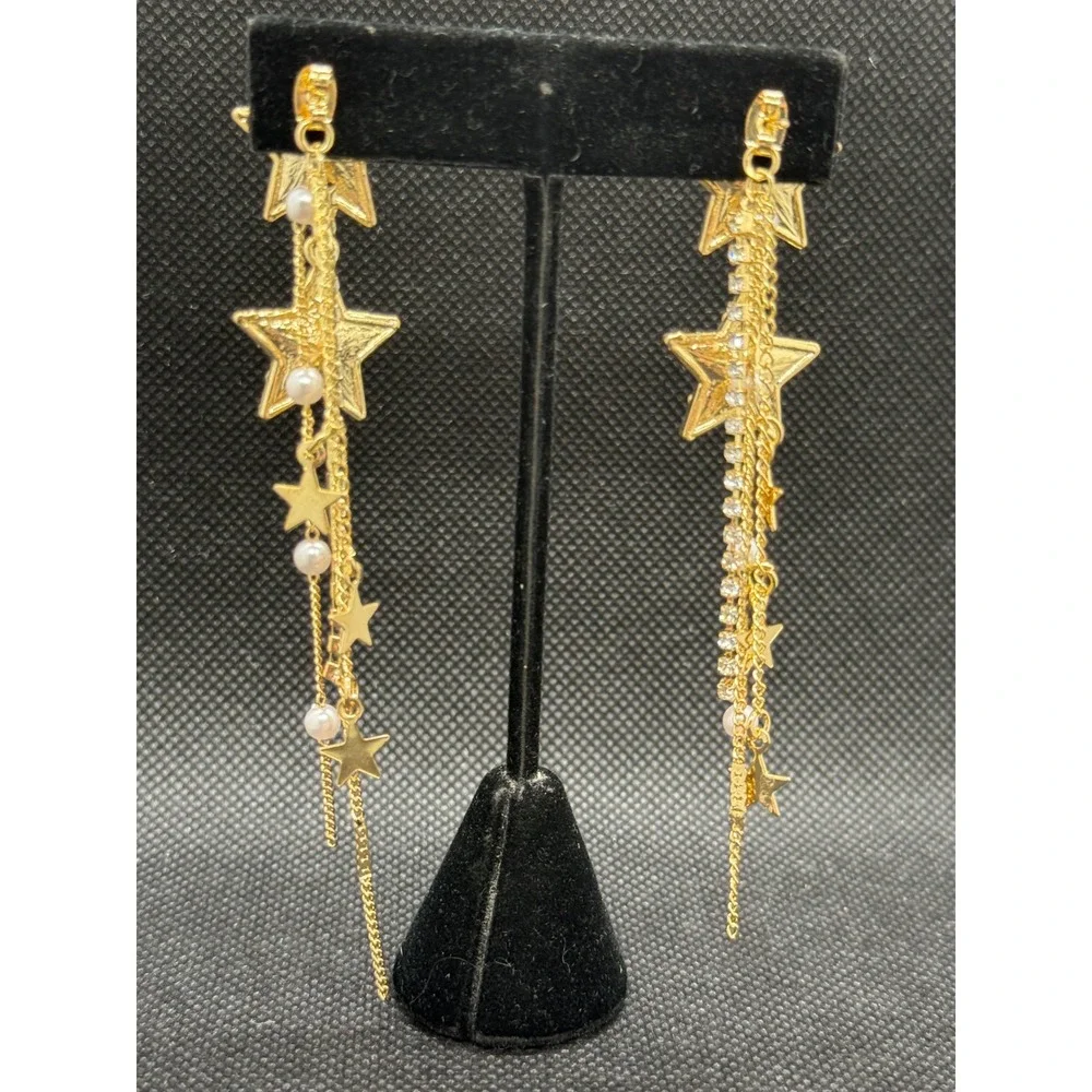 Gold Star Rhinestone Pearl Dangle Drop Earrings Celestial Statement Fringe